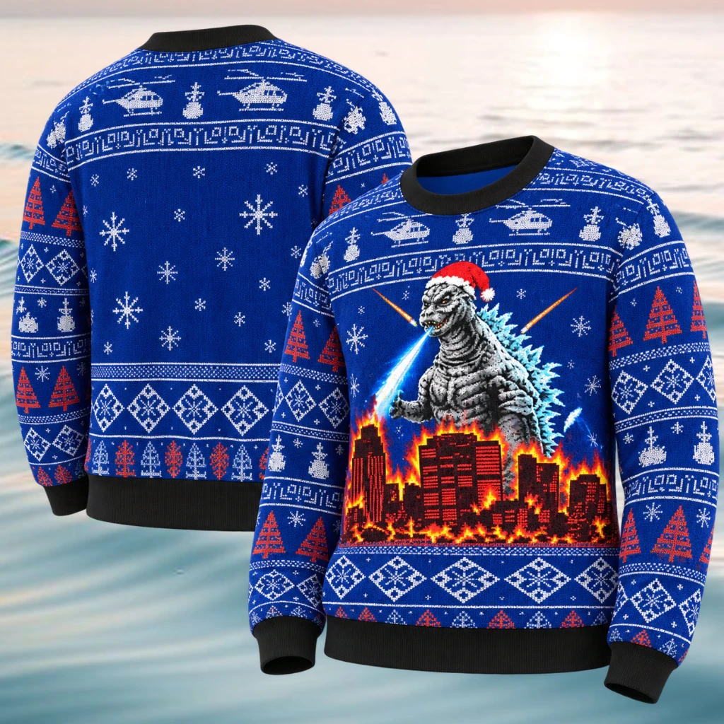 Godzilla Santa Claus Blue Fire City Destruction Christmas Sweater